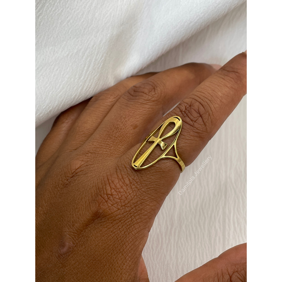 Ankh ring tarnish free large oval silver gold stainless steel