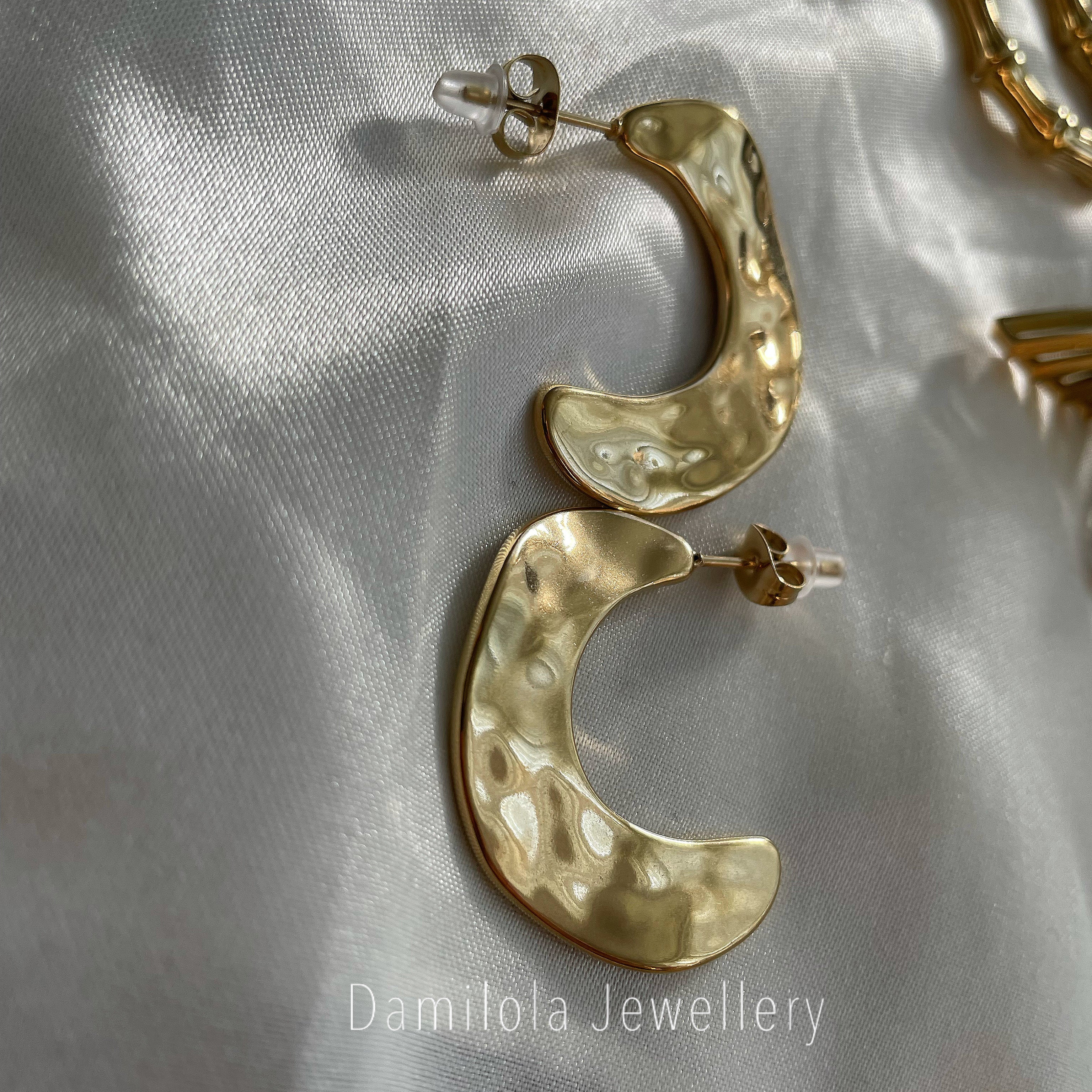 textured hoop earrings gold hammered steel