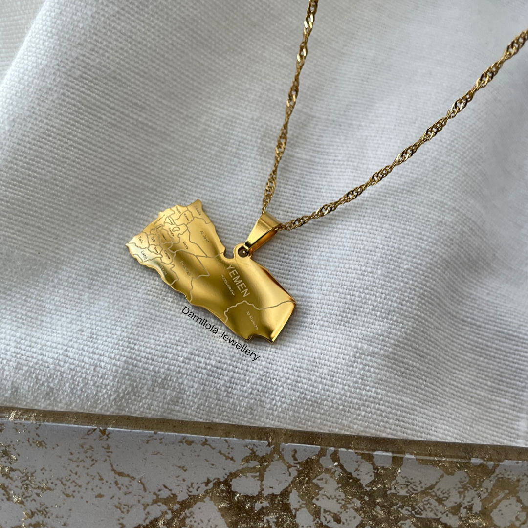 Yemen - Engraved Map Necklace - Gold/Silver