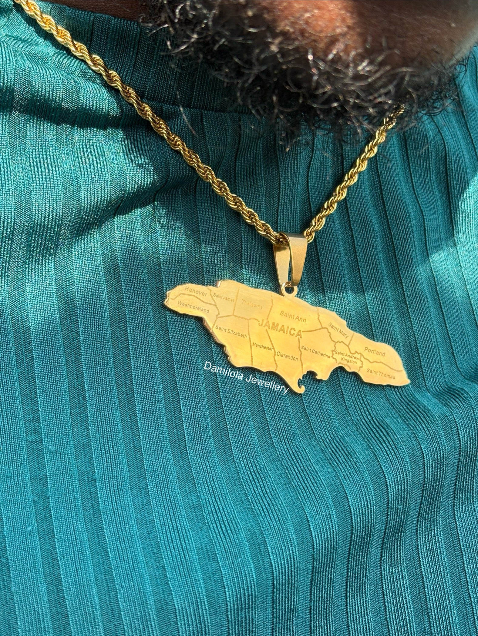 Jamaica map pendant engraved 14 parish necklace gold big 
