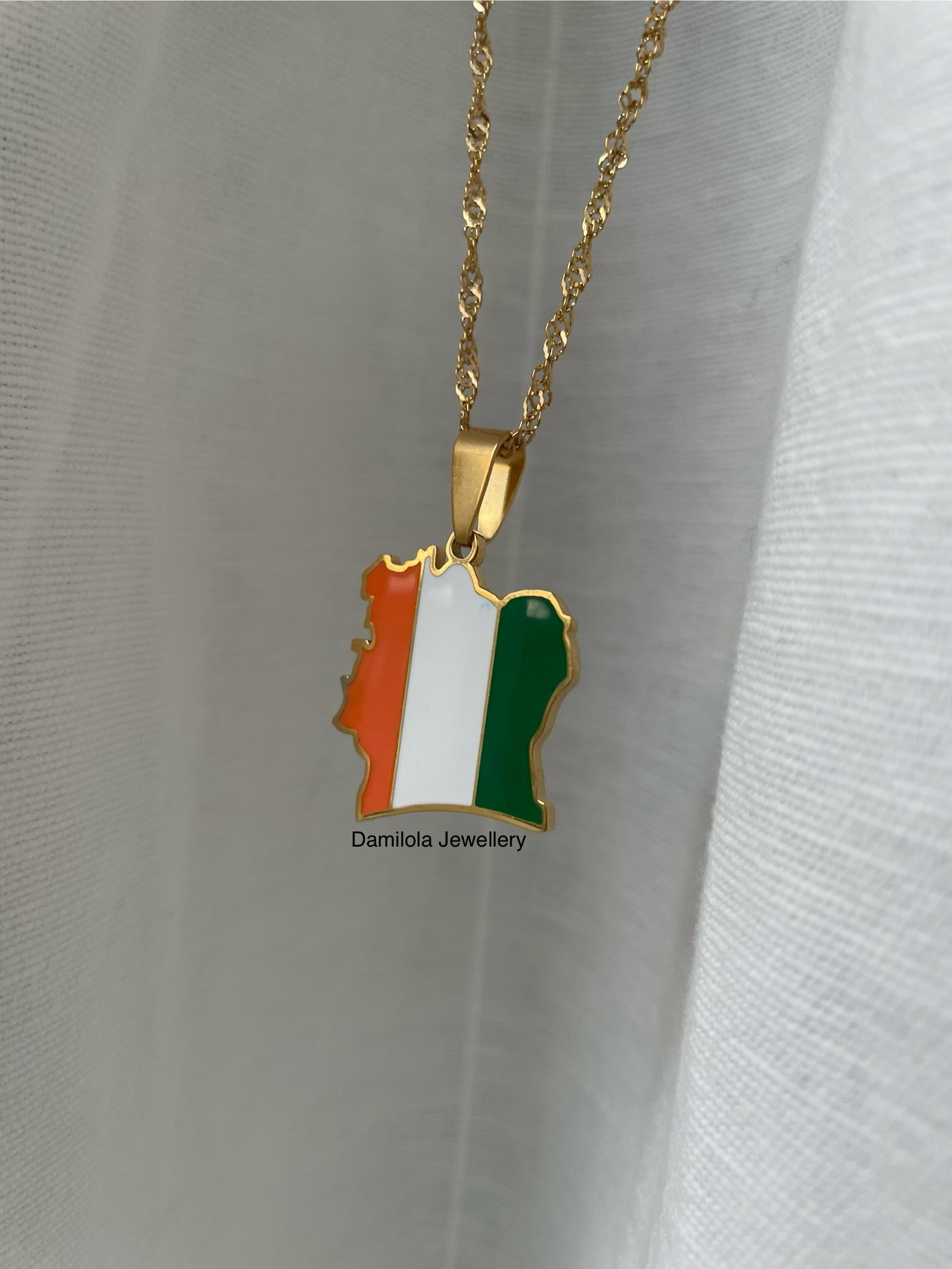 Ivory Coast Flag Map Necklace - Gold