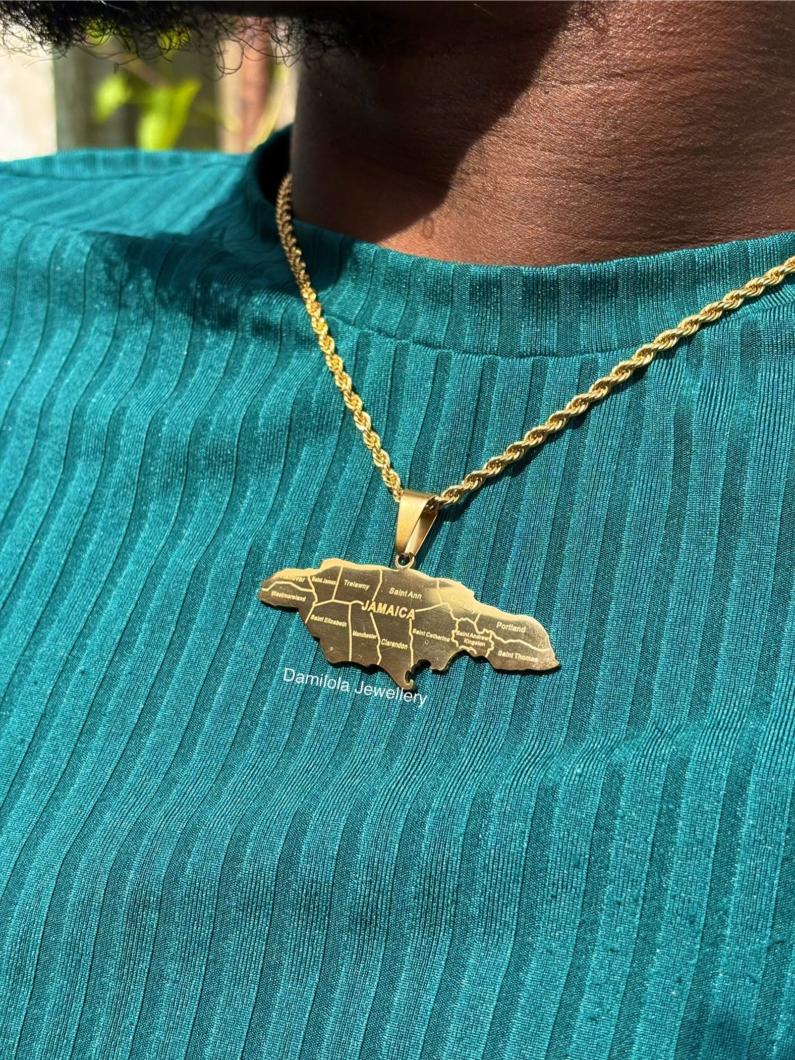 Jamaica map pendant engraved 14 parish necklace gold big 