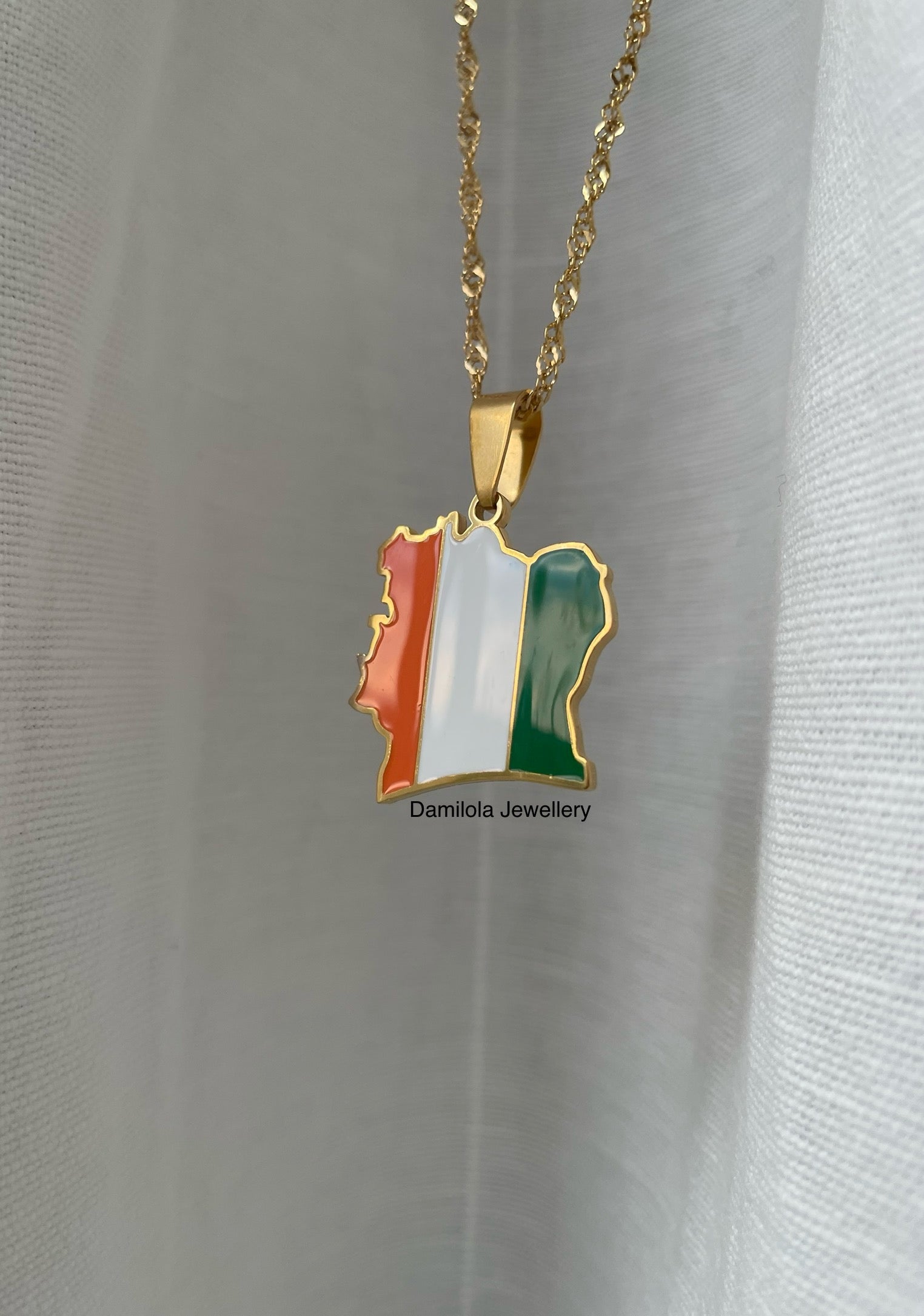 Ivory Coast Flag Map Necklace - Gold