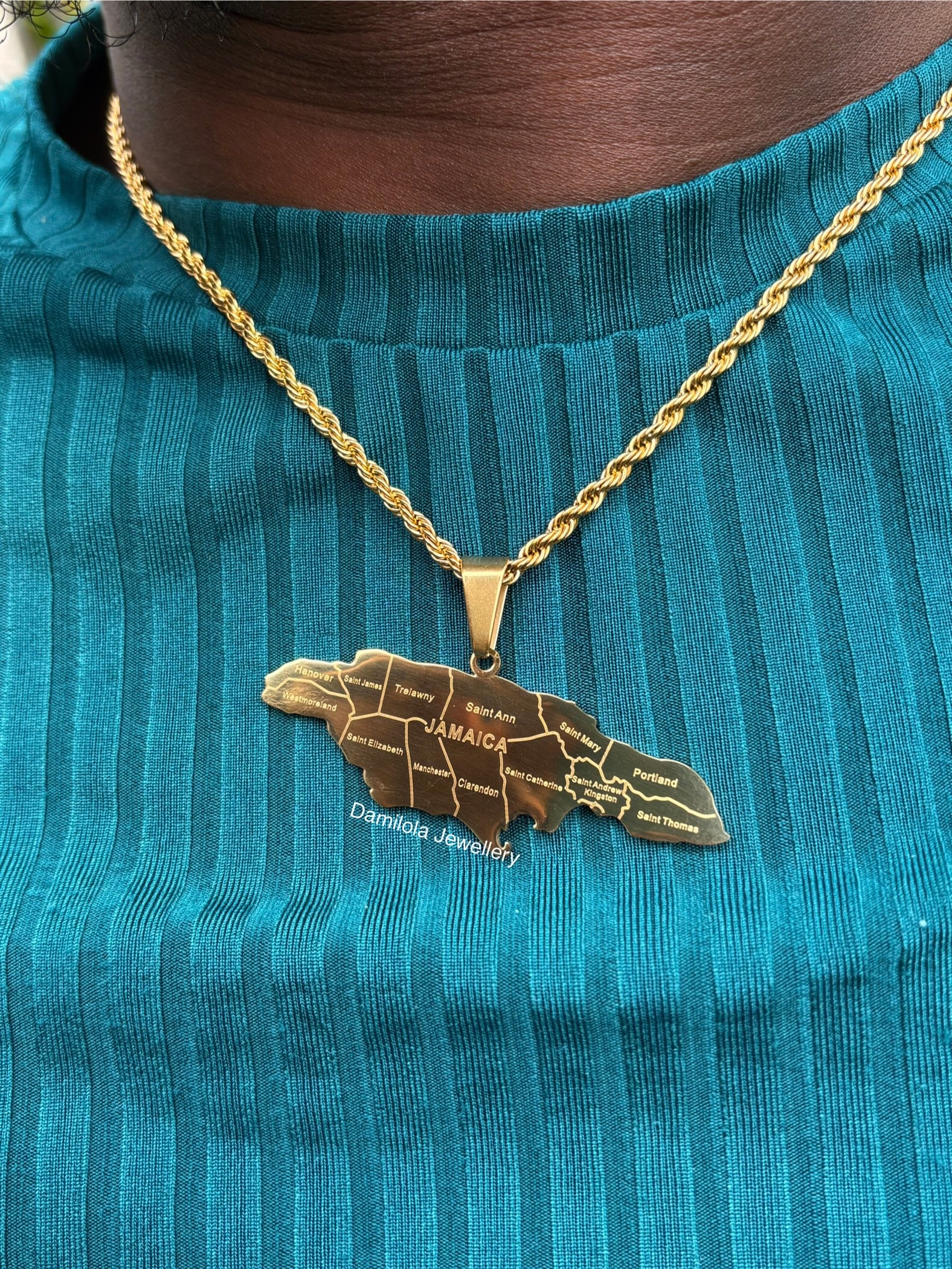 Jamaica map pendant engraved 14 parish necklace gold big 