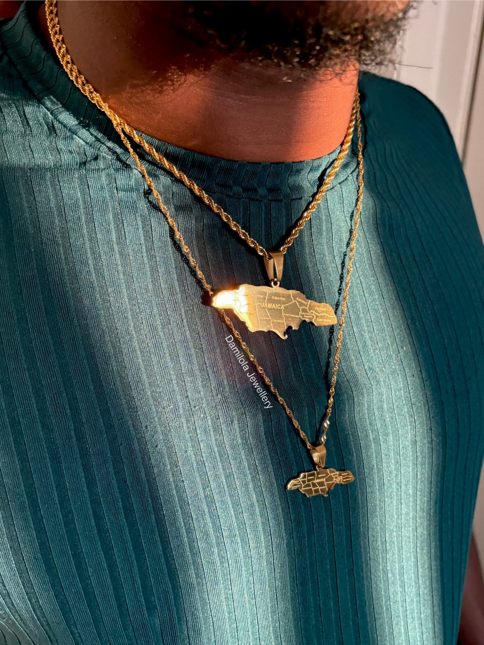 Jamaica map pendant engraved 14 parish necklace gold big 