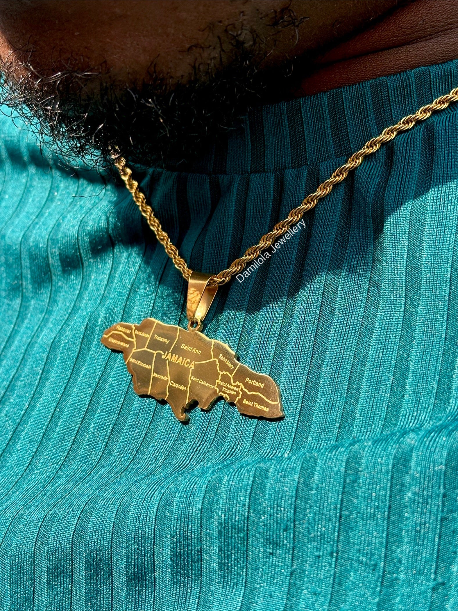 Jamaica map pendant engraved 14 parish necklace gold big 