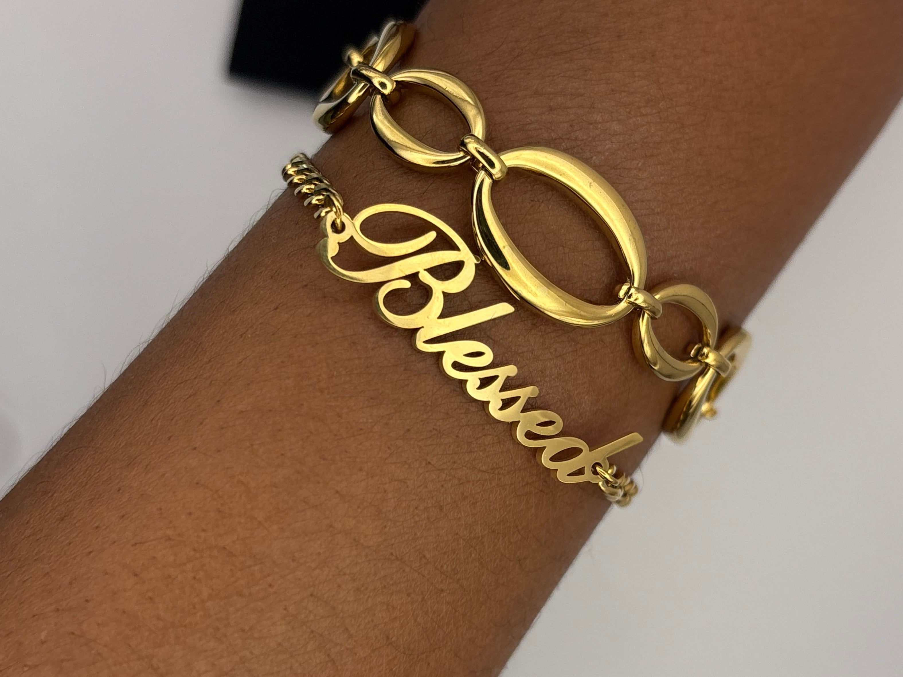‘Blessed’ Script Bracelet Gold