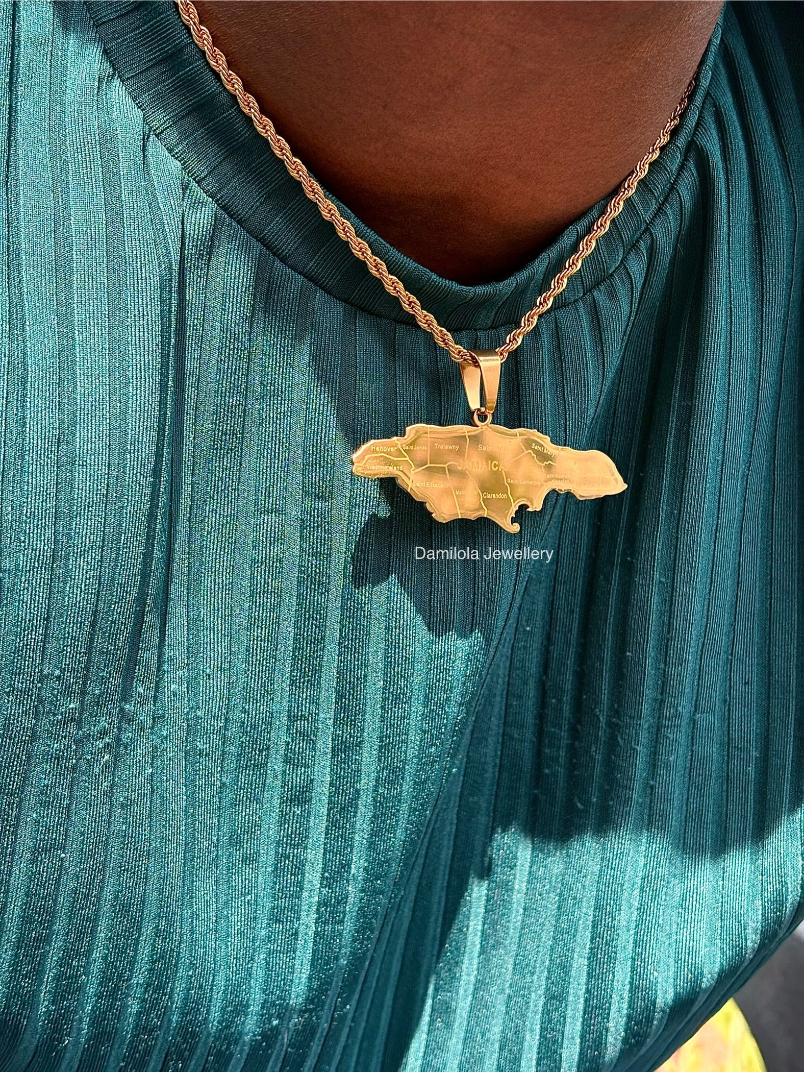 Jamaica map pendant engraved 14 parish necklace gold big 