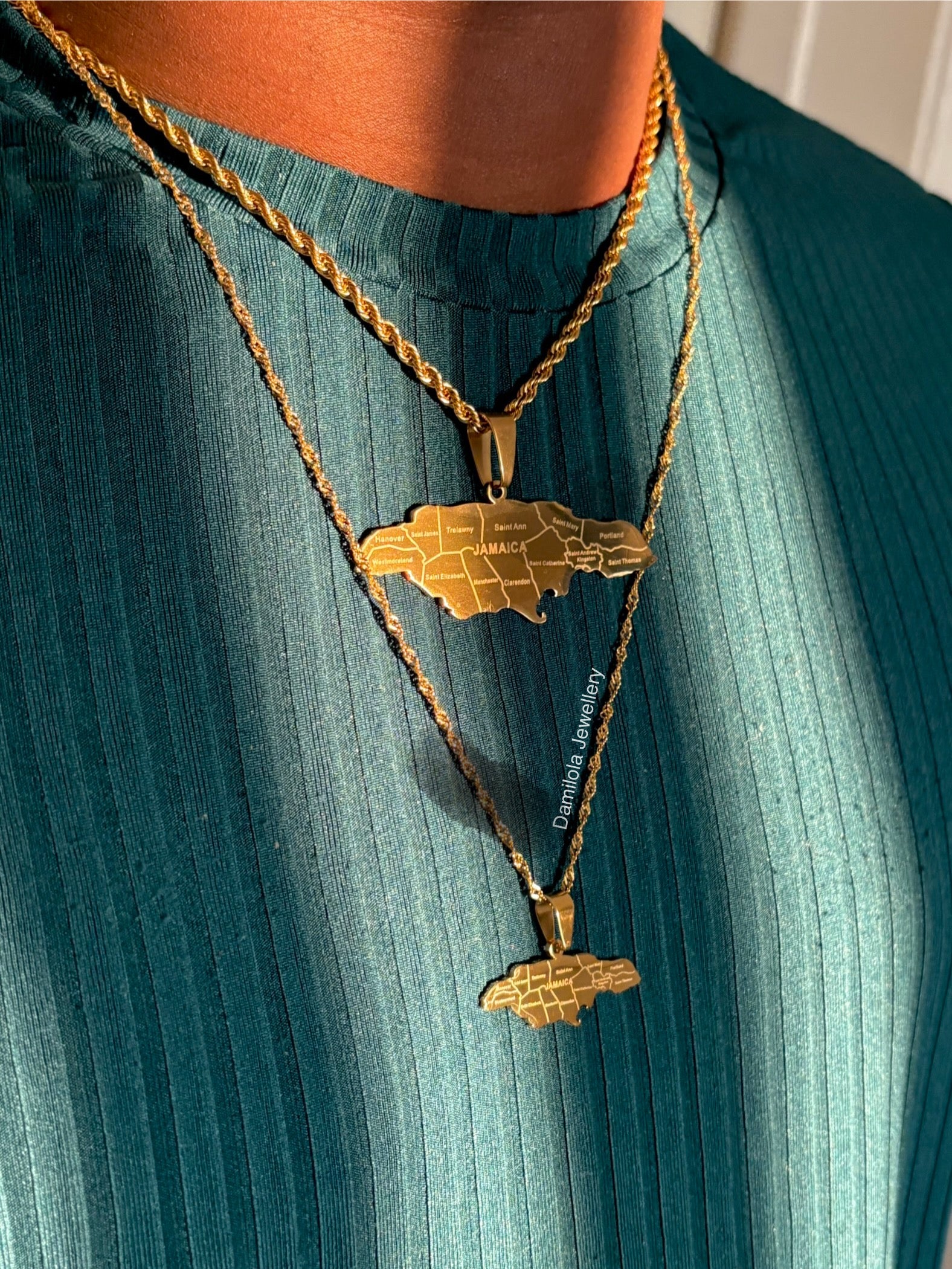Jamaica map pendant engraved 14 parish necklace gold big 