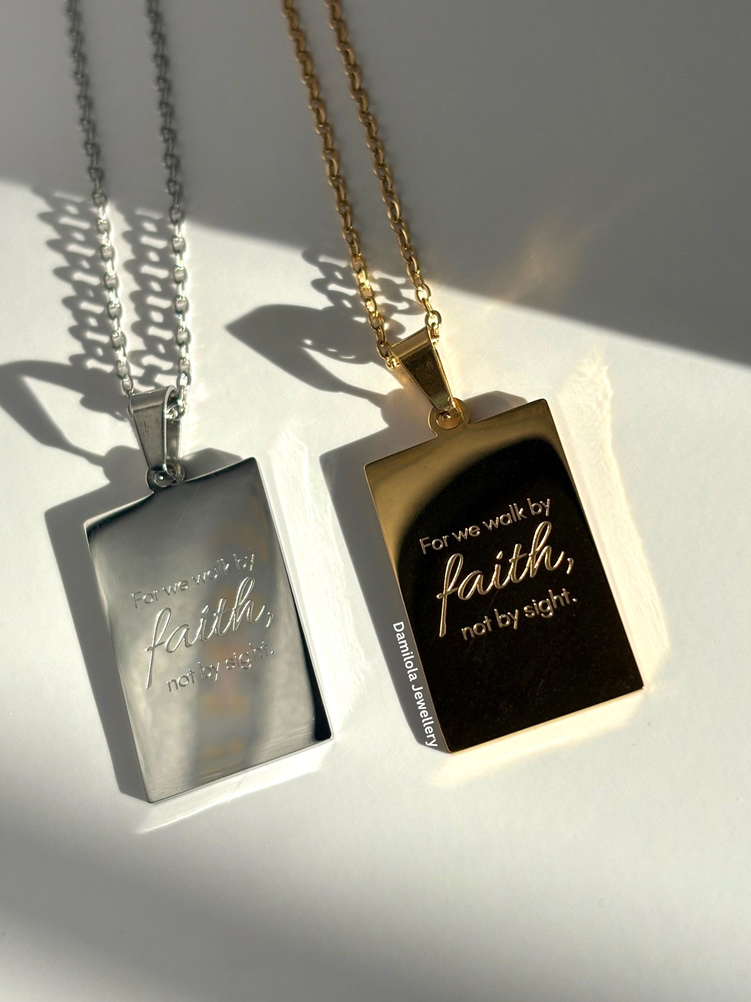 For we walk by faith scripture necklace god gold silver 