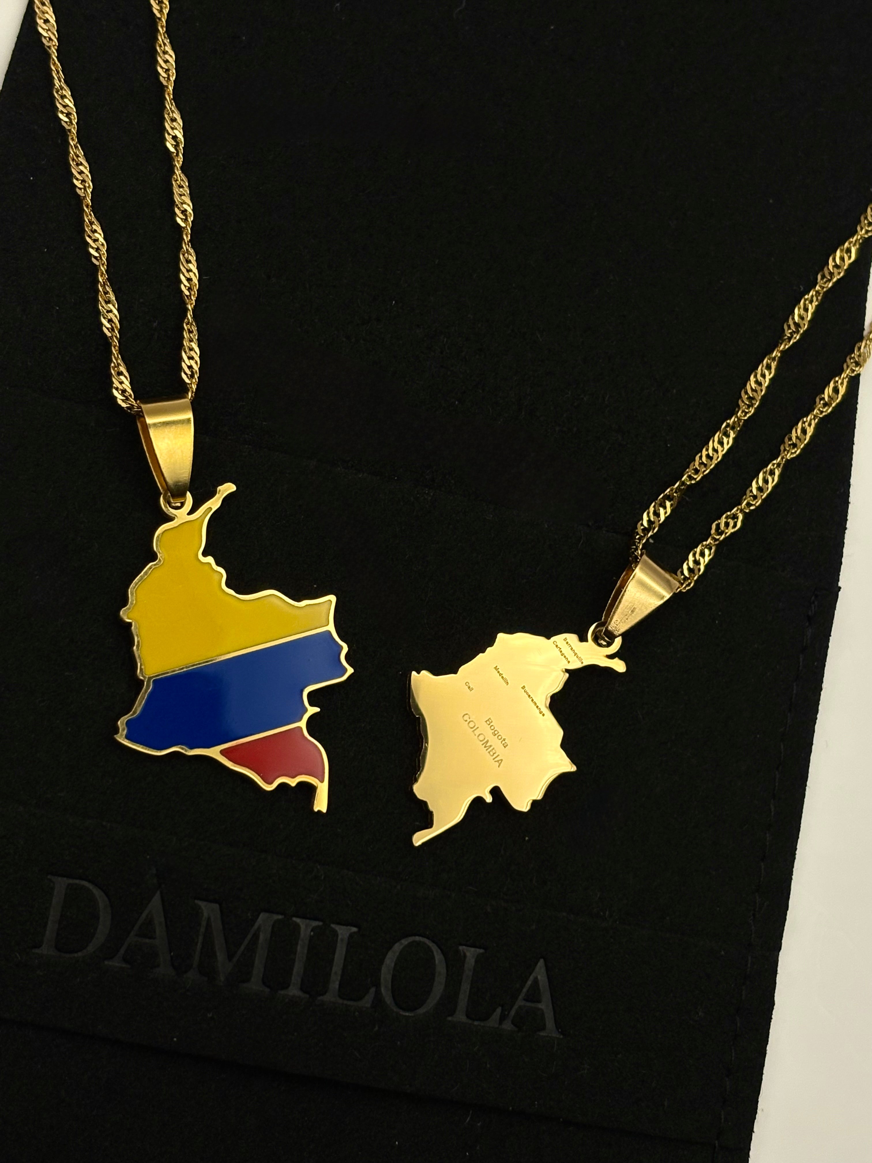 Colombia Flag Map Necklace - Gold