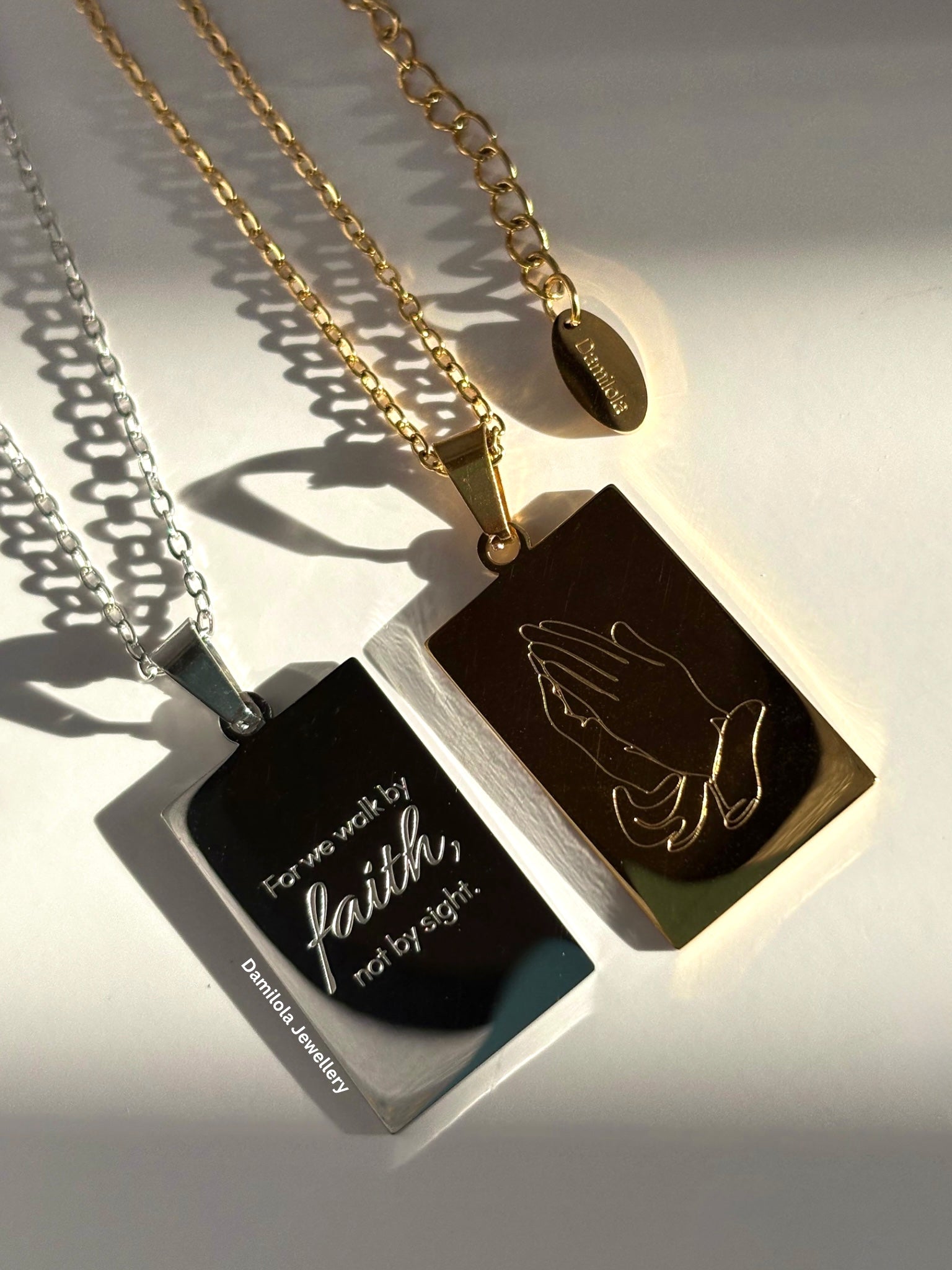 For we walk by faith scripture necklace god gold silver 