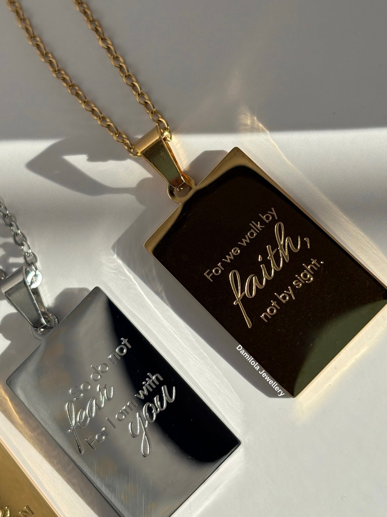 For we walk by faith scripture necklace god gold silver 