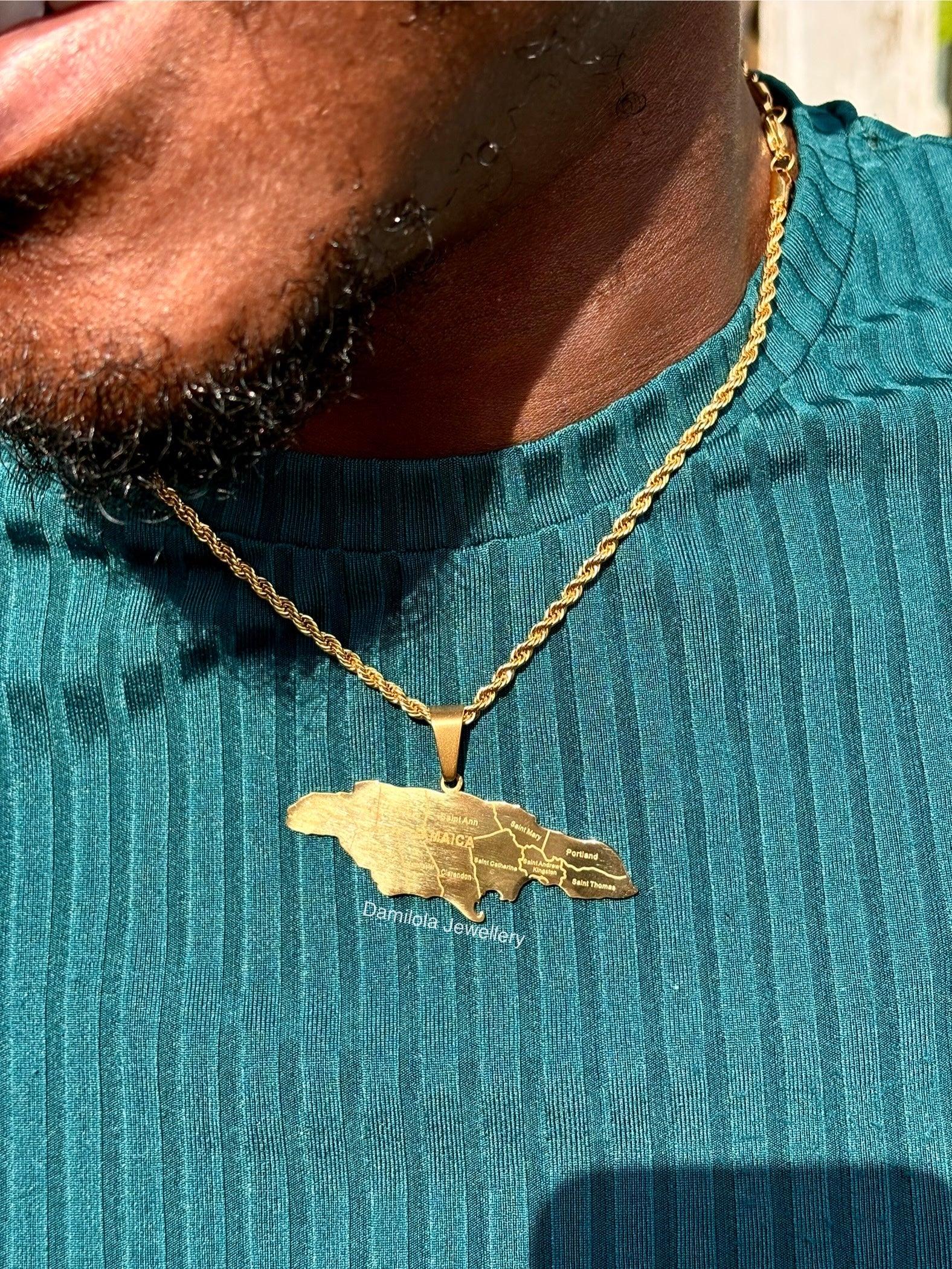 Jamaica map pendant engraved 14 parish necklace gold big 