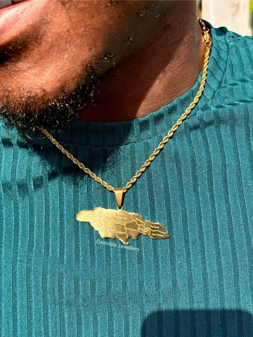 Jamaica map pendant engraved 14 parish necklace gold big 
