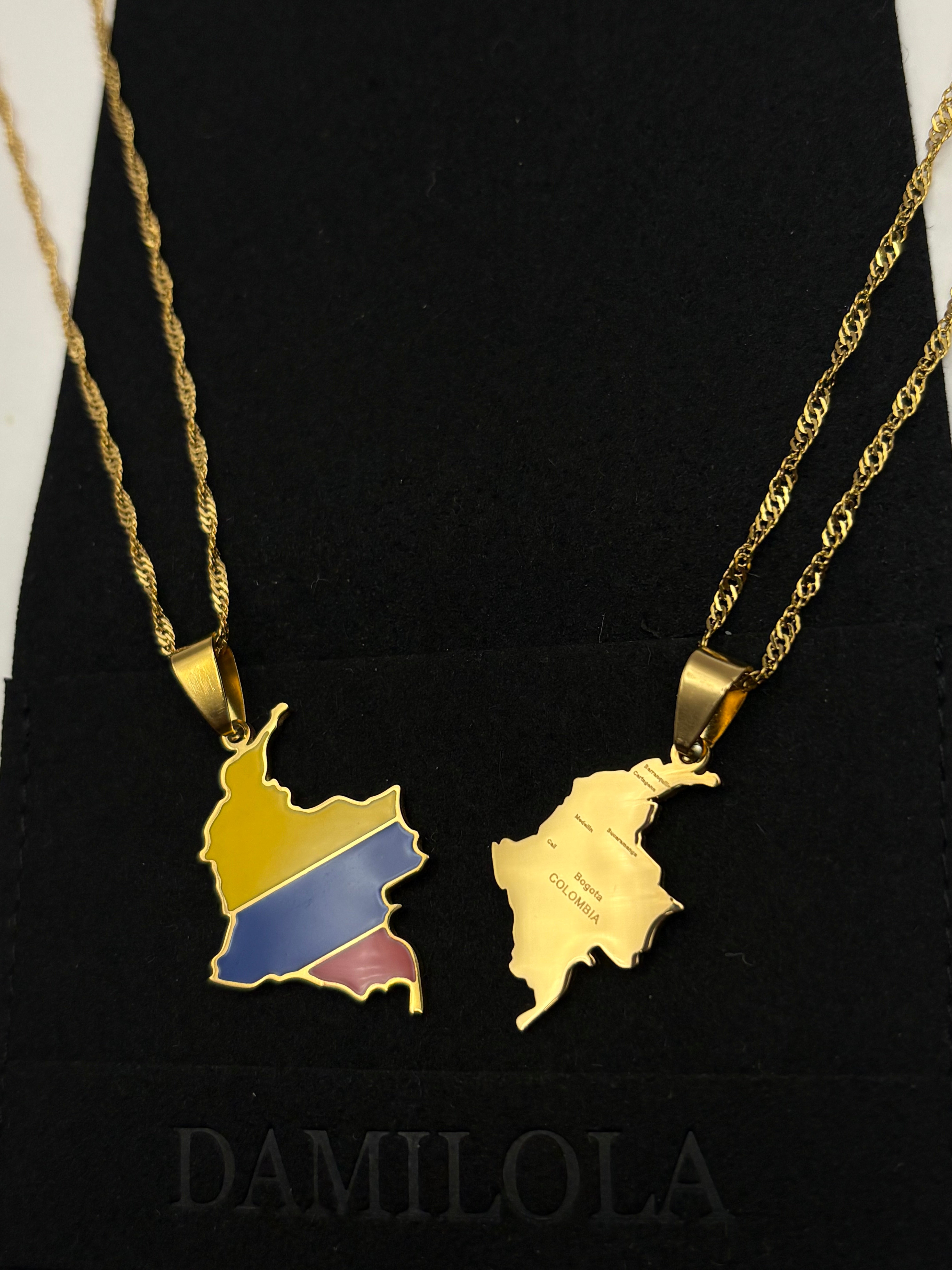 Colombia Flag Map Necklace - Gold
