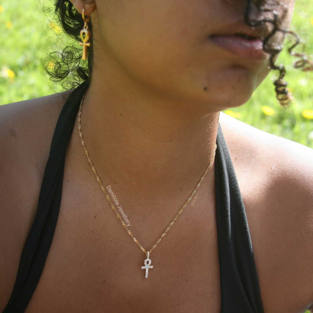 Small Diamanté Ankh Necklace - Gold