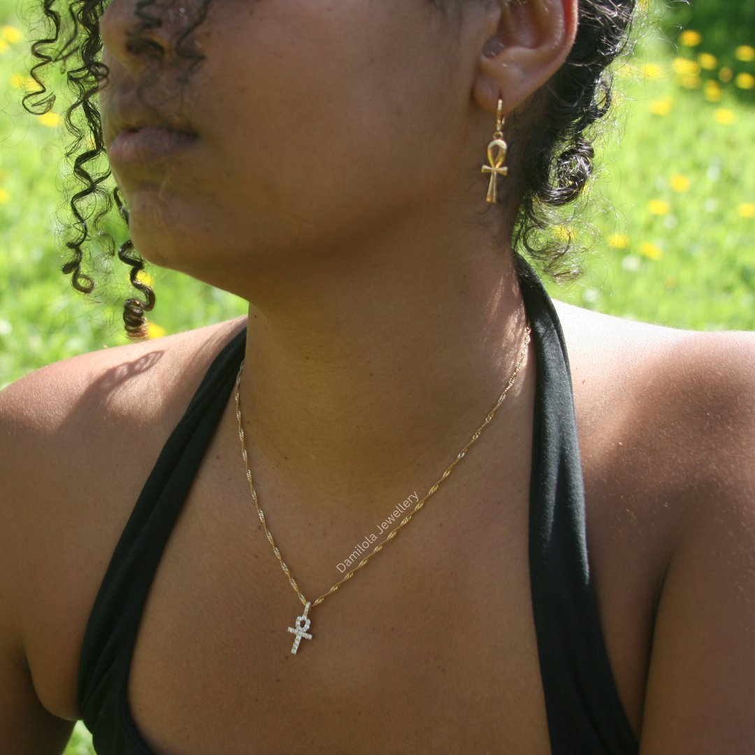 Small Diamanté Ankh Necklace - Gold