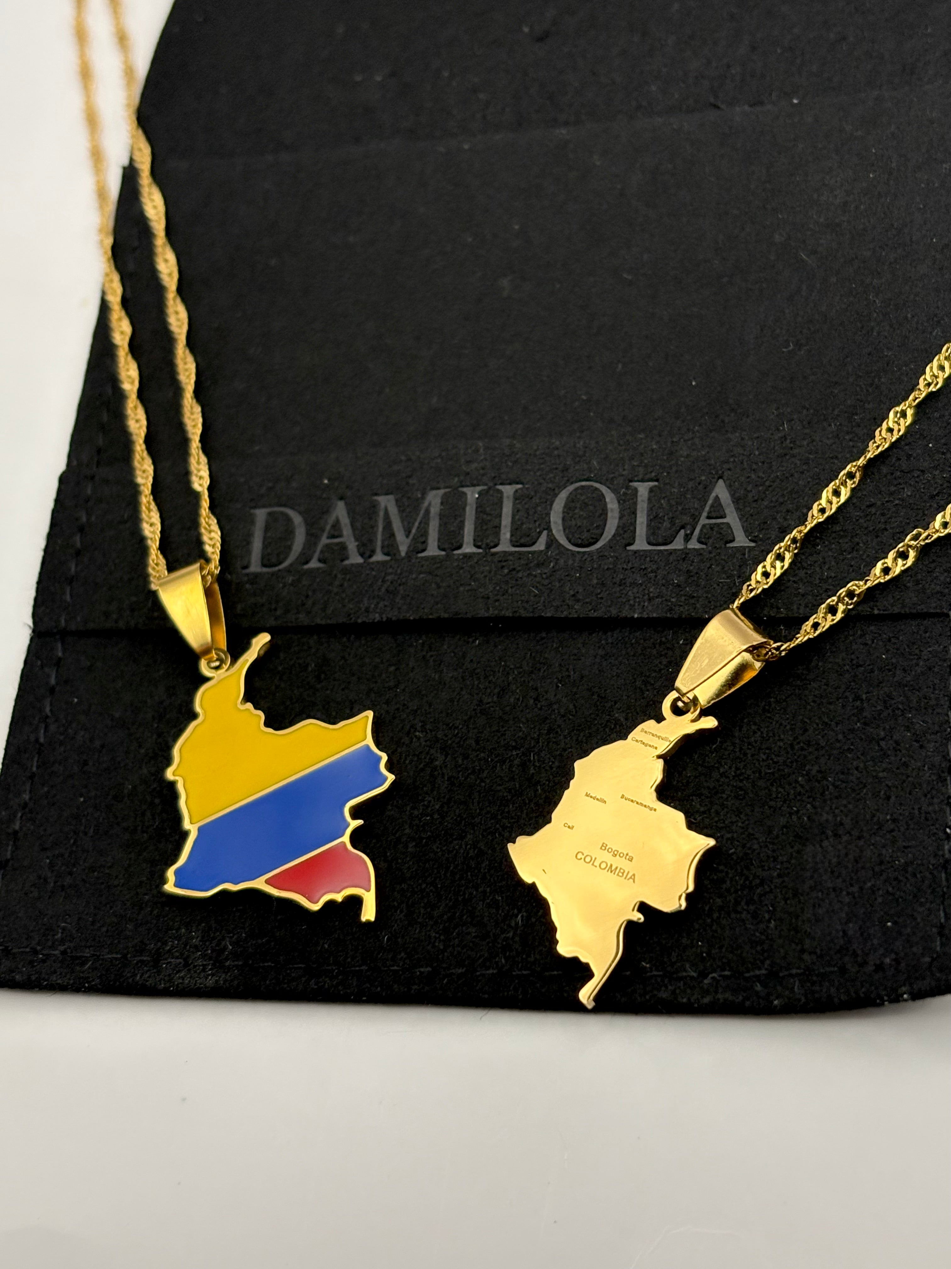 Colombia Flag Map Necklace - Gold