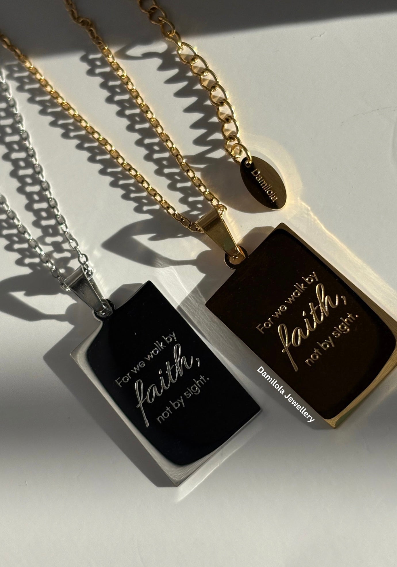 For we walk by faith scripture necklace god gold silver 