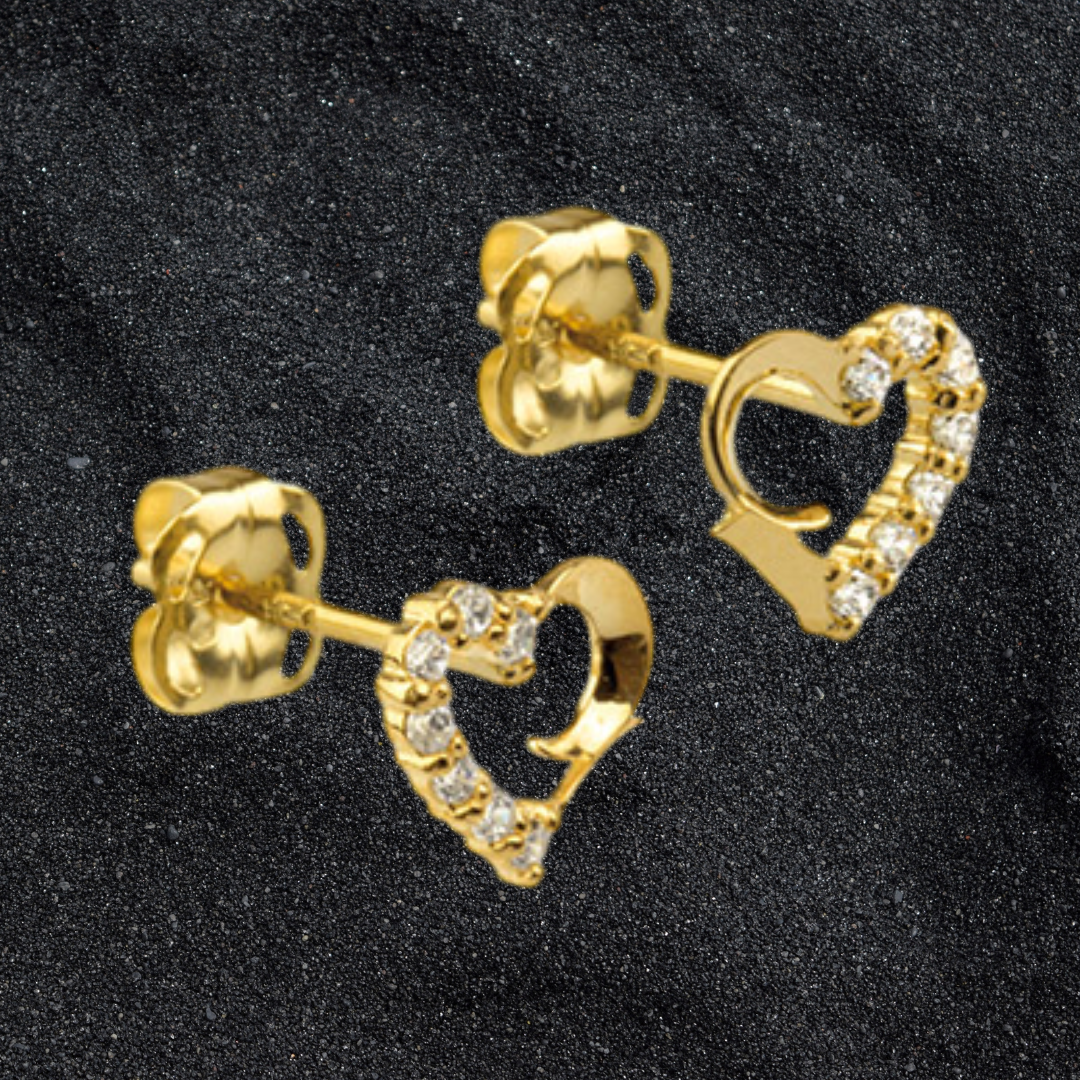9ct Heart Shape Outline Stud Earrings Yellow Gold Half Set Cubic Zirconia