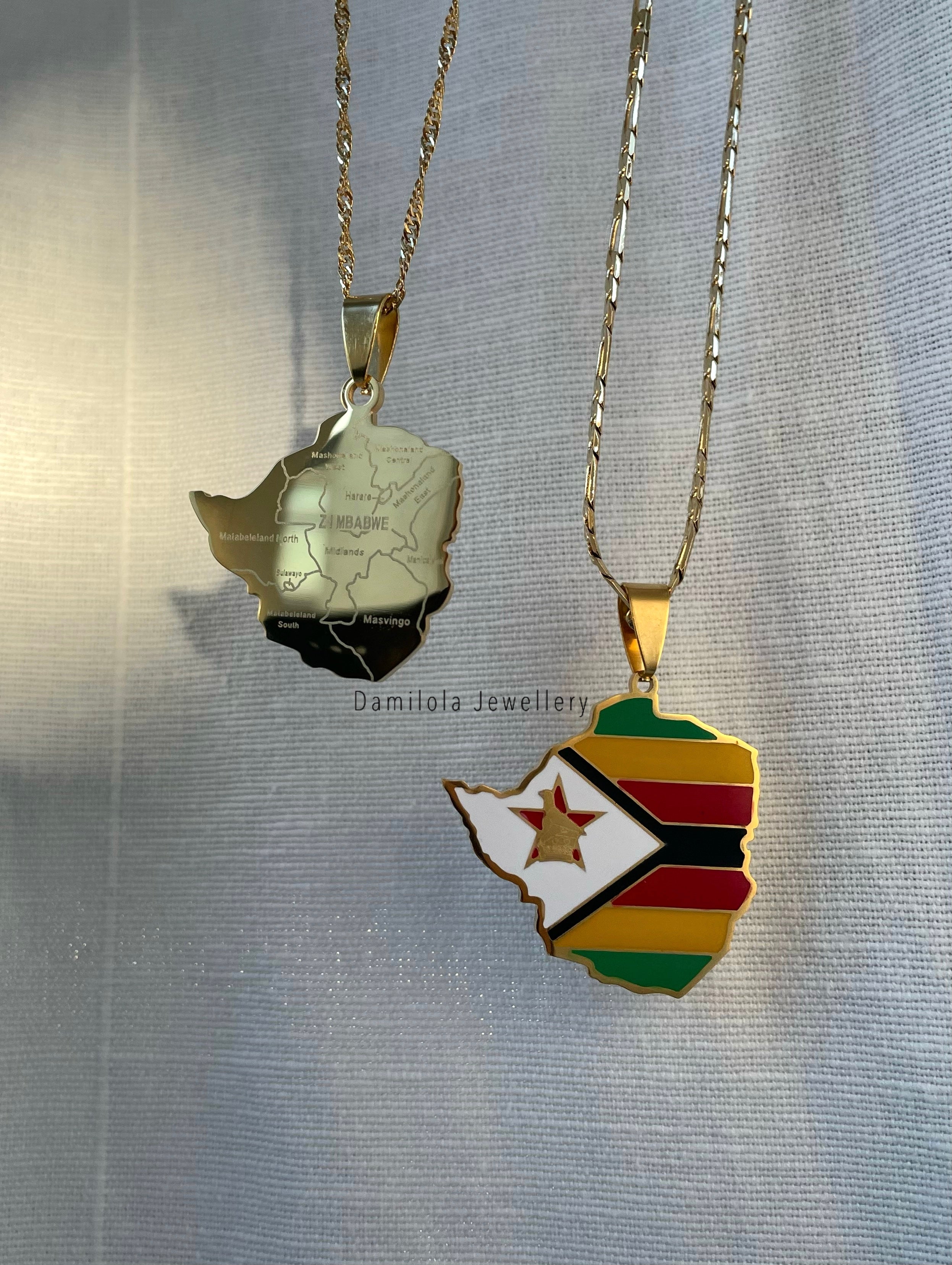 Zimbabwe Flag Map Necklace 🇿🇼 - Gold/Silver