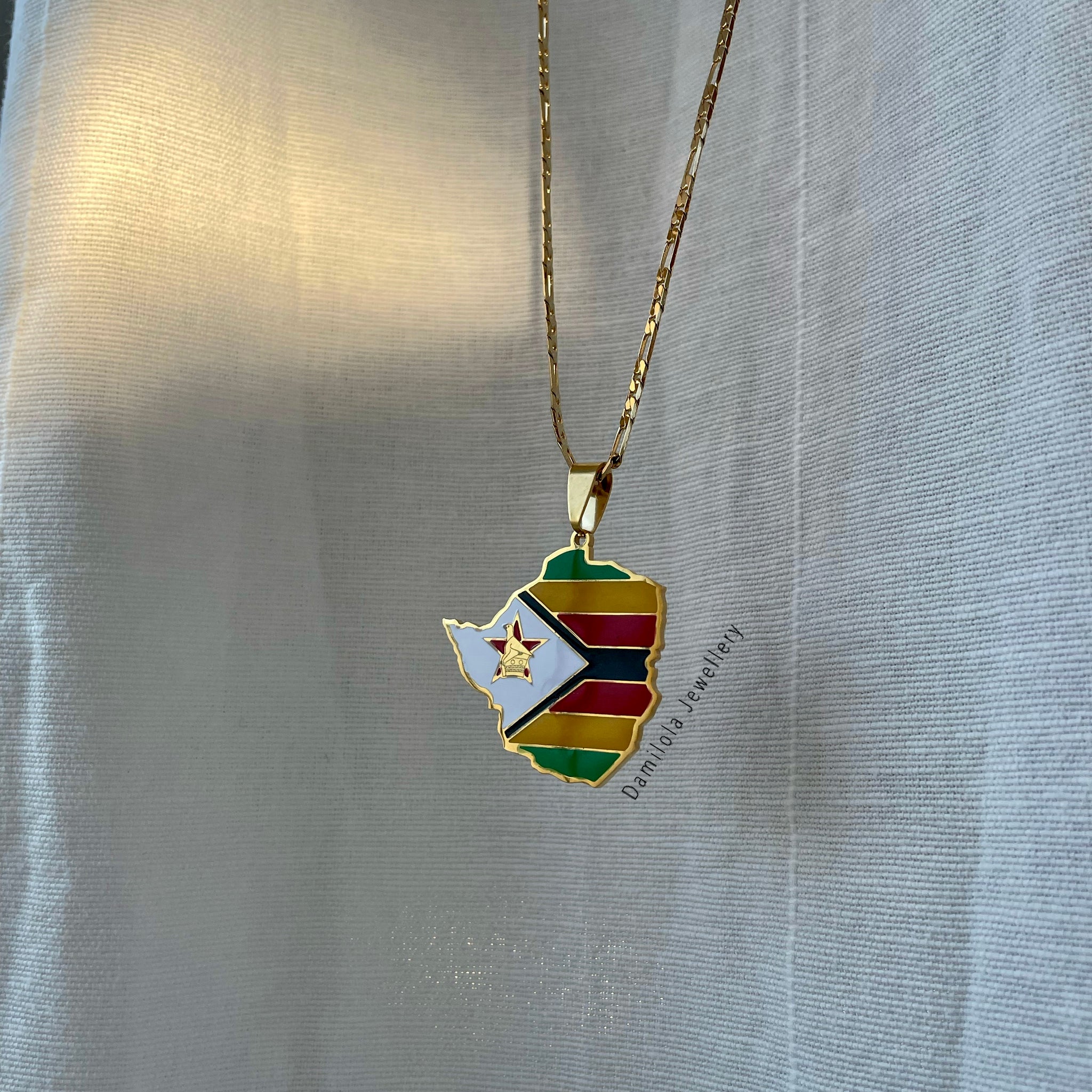 Zimbabwe Flag Map Necklace 🇿🇼 - Gold/Silver