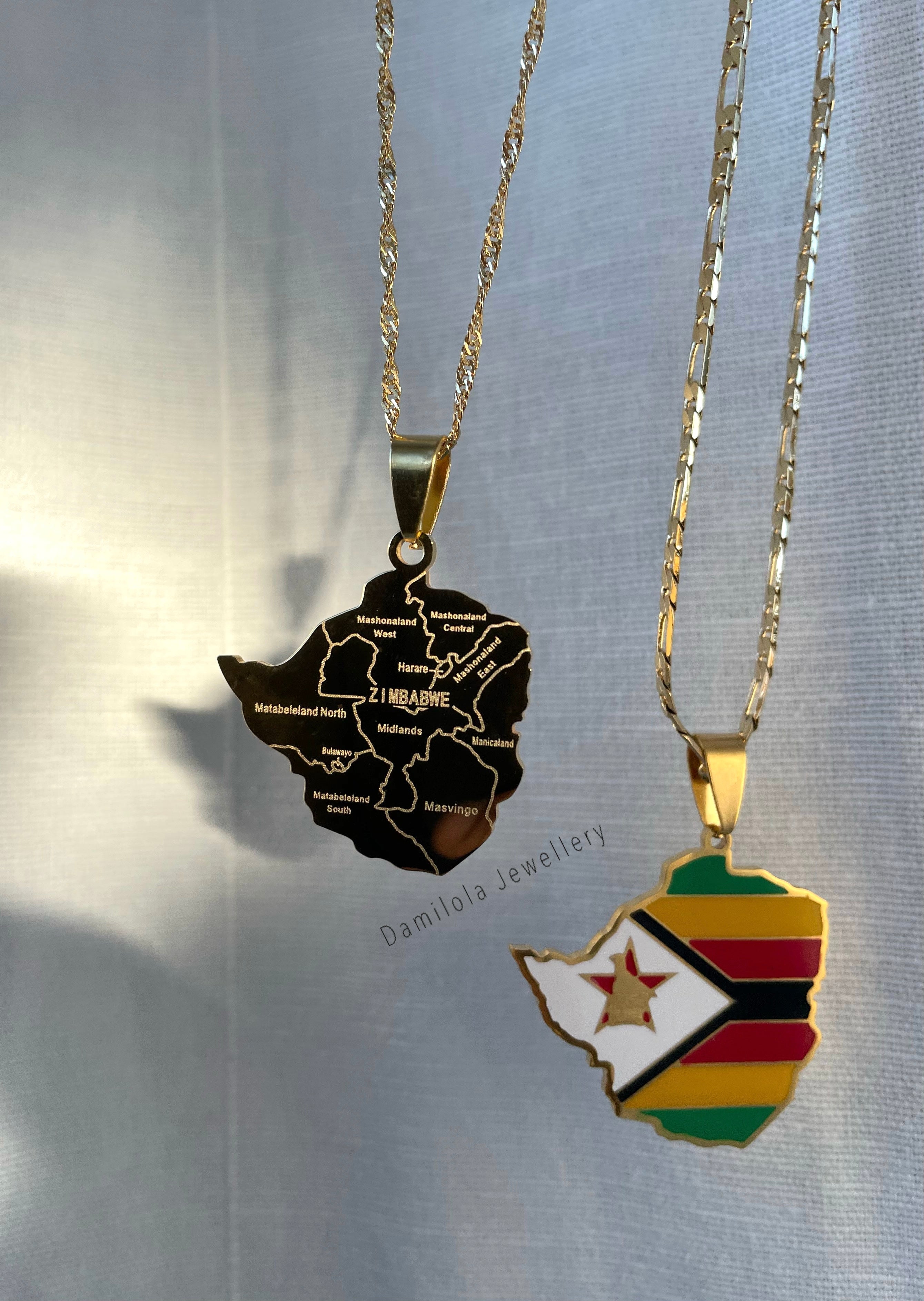 Zimbabwe Engraved Flag Map Necklace 🇿🇼