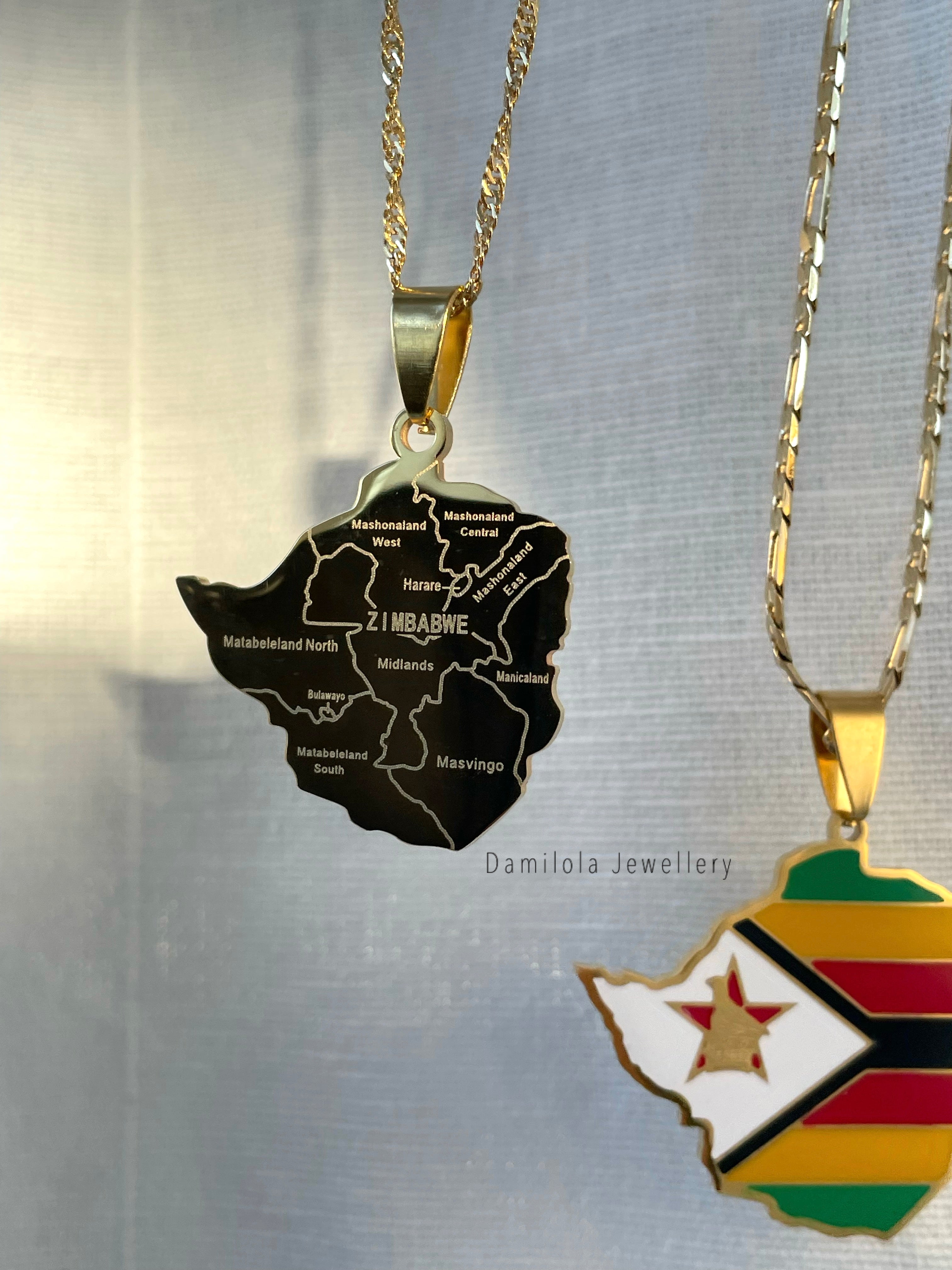 Zimbabwe Flag Map Necklace 🇿🇼 - Gold/Silver